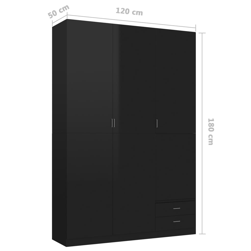 vidaXL skapis, 3 durvis, 120x50x180 cm, spīdīgi melns, skaidu plāksne