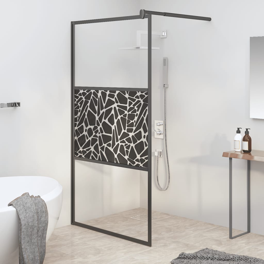 vidaXL dušas siena, 115x195 cm, ESG stikls, akmeņu dizains, melna