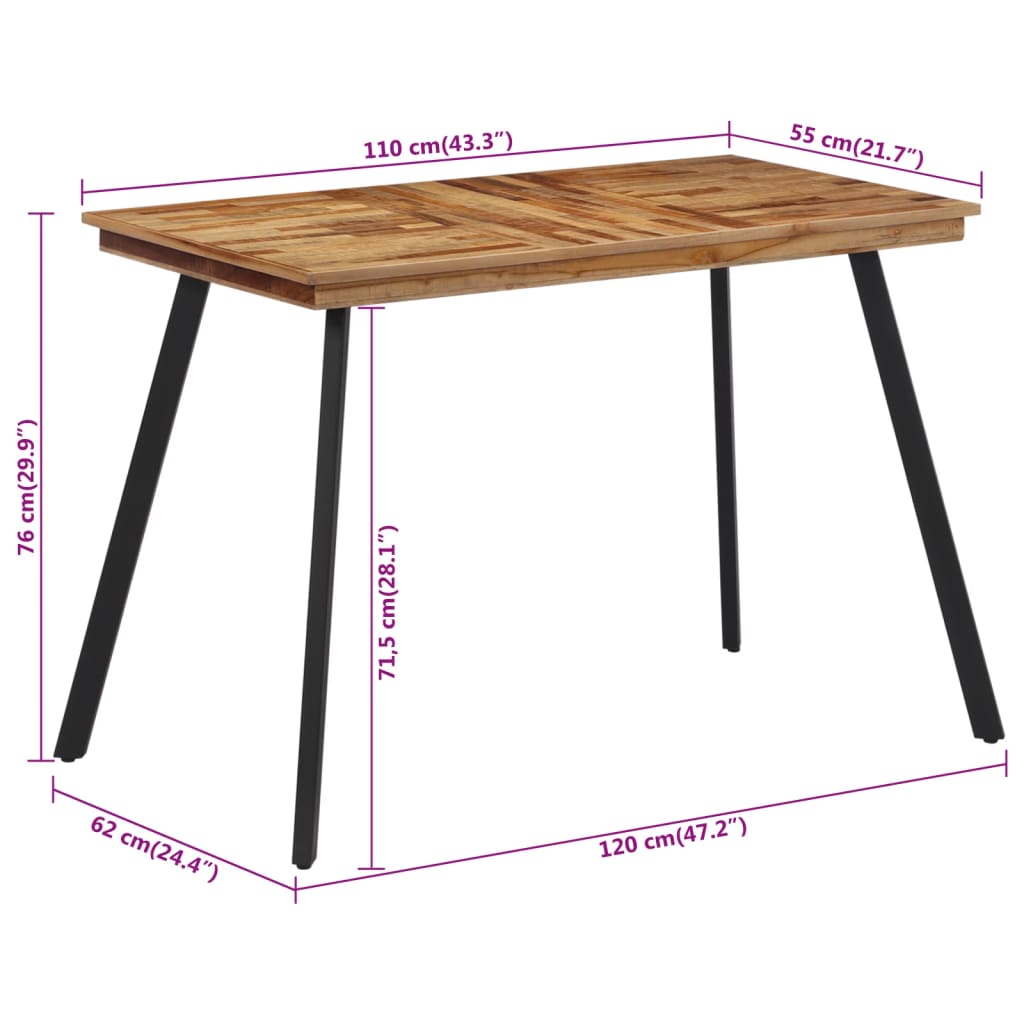 vidaXL galds, 120x62x76 cm, masīvs tīkkoks