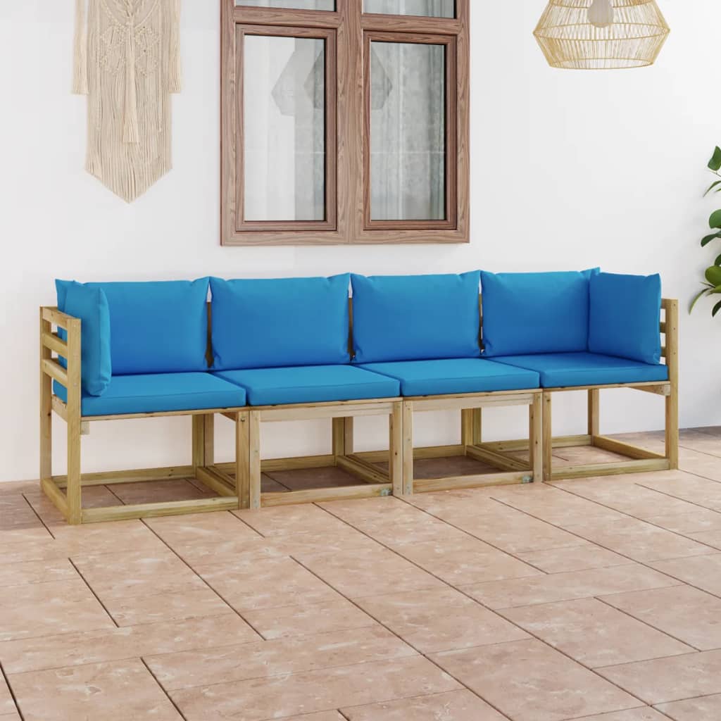 vidaXL 4-vietīgs dārza dīvāns ar gaiši ziliem matračiem