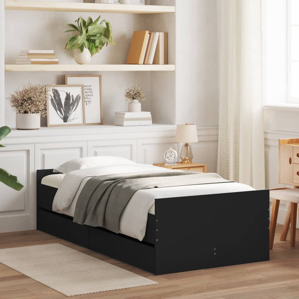 vidaXL gultas rāmis ar atvilktnēm, melns, 75x190 cm, vienvietīgs