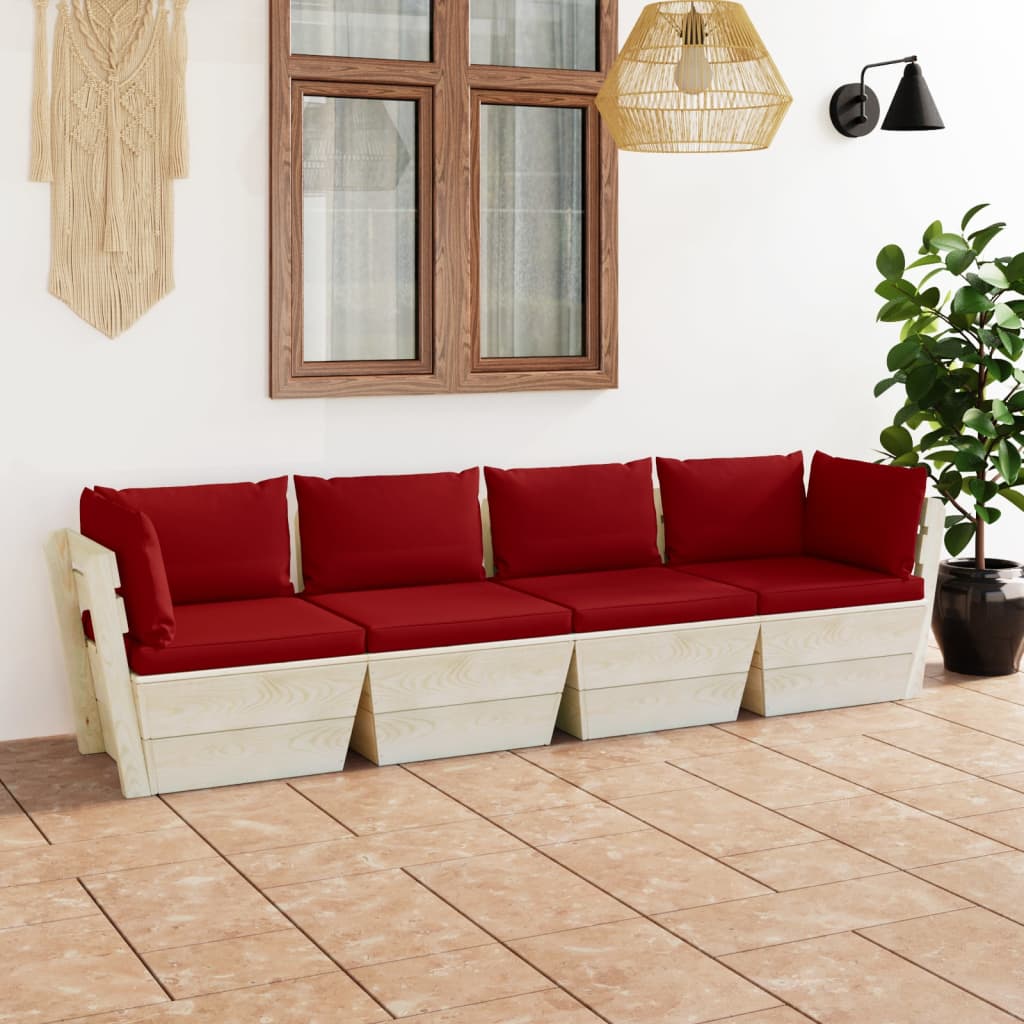 vidaXL 4-vietīgs dārza palešu dīvāns ar matračiem, egles koks