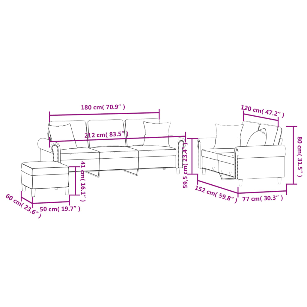 vidaXL trīsdaļīgs dīvānu komplekts ar spilveniem, tumši pelēks samts