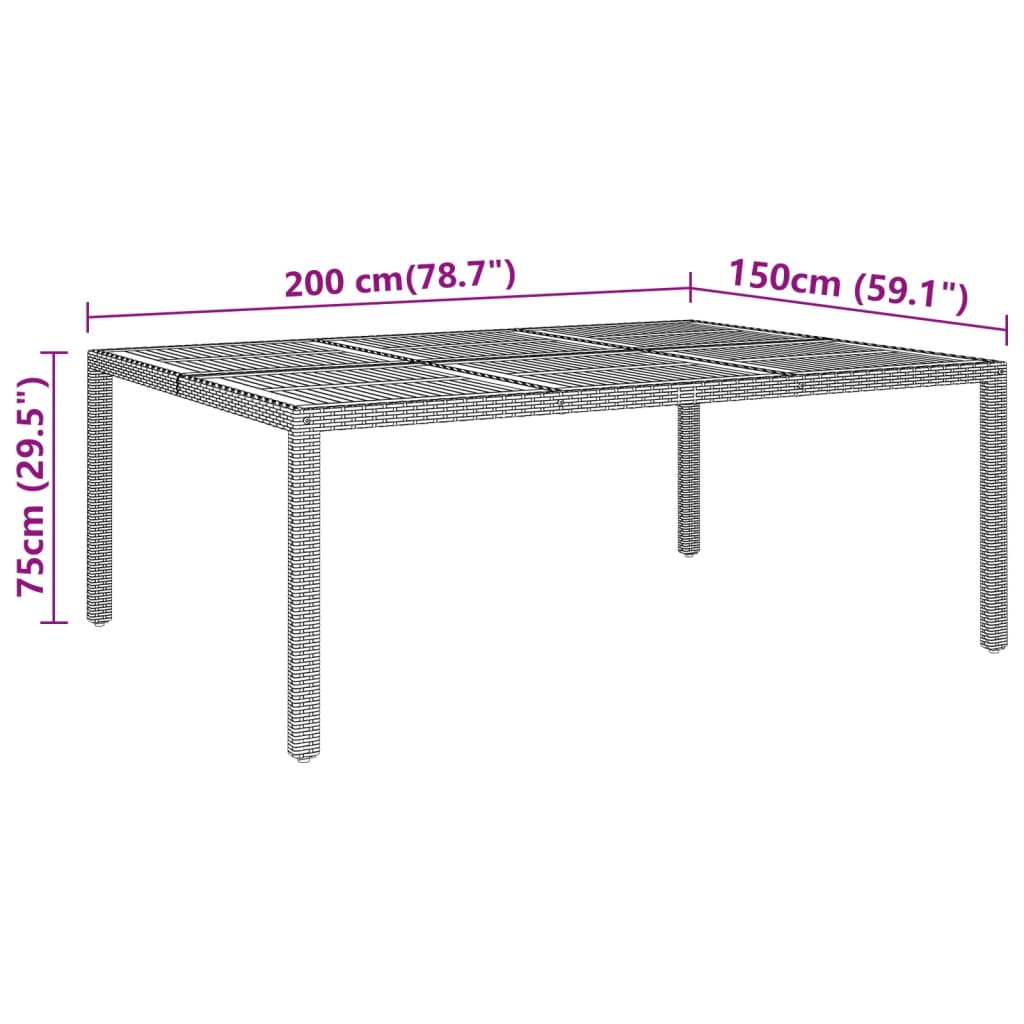 vidaXL dārza galds, 200x150x75 cm, akācijas koks, melna PE rotangpalma