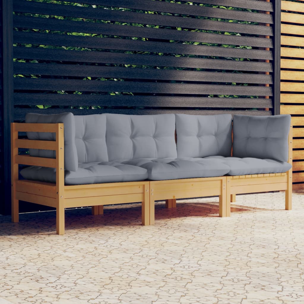 vidaXL 3-vietīgs dārza dīvāns ar pelēkiem spilveniem, priedes koks