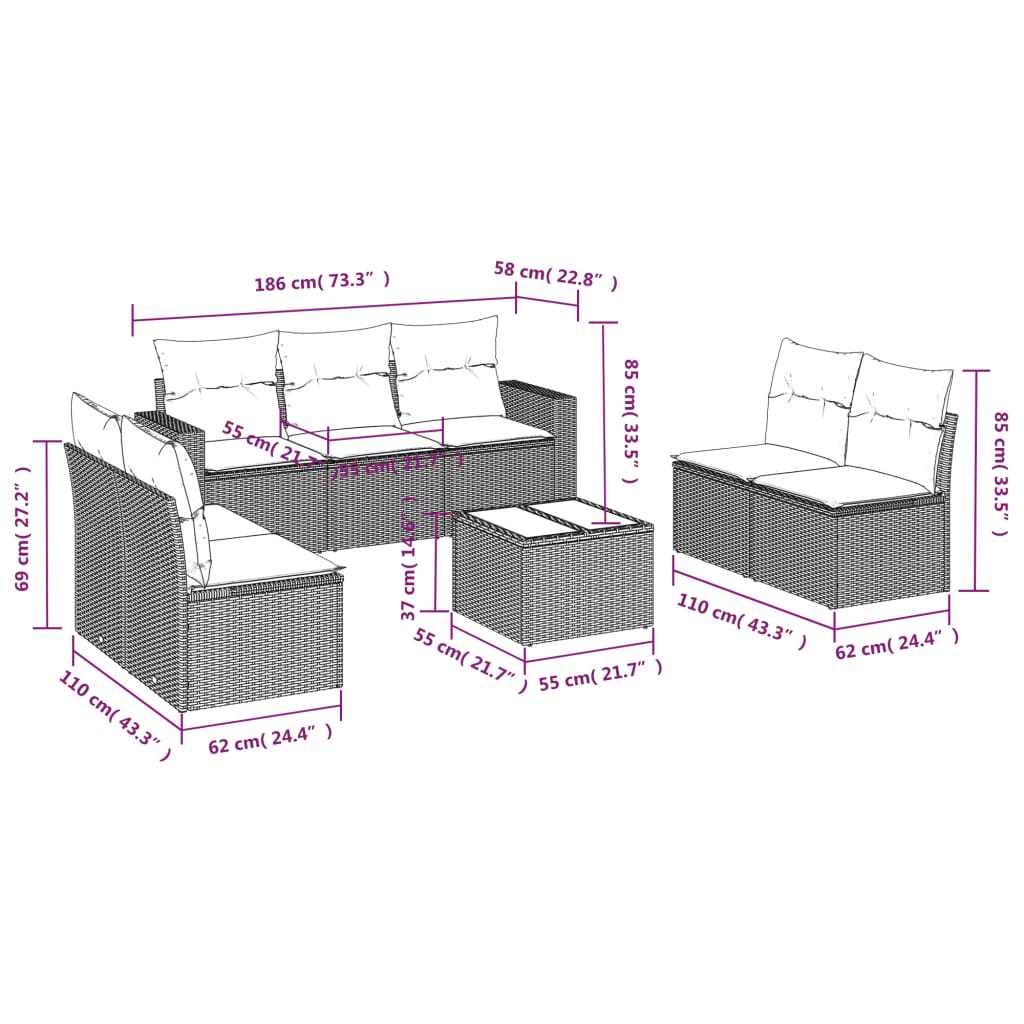 vidaXL 8-daļīgs dārza dīvāna komplekts, matrači, bēša PE rotangpalma