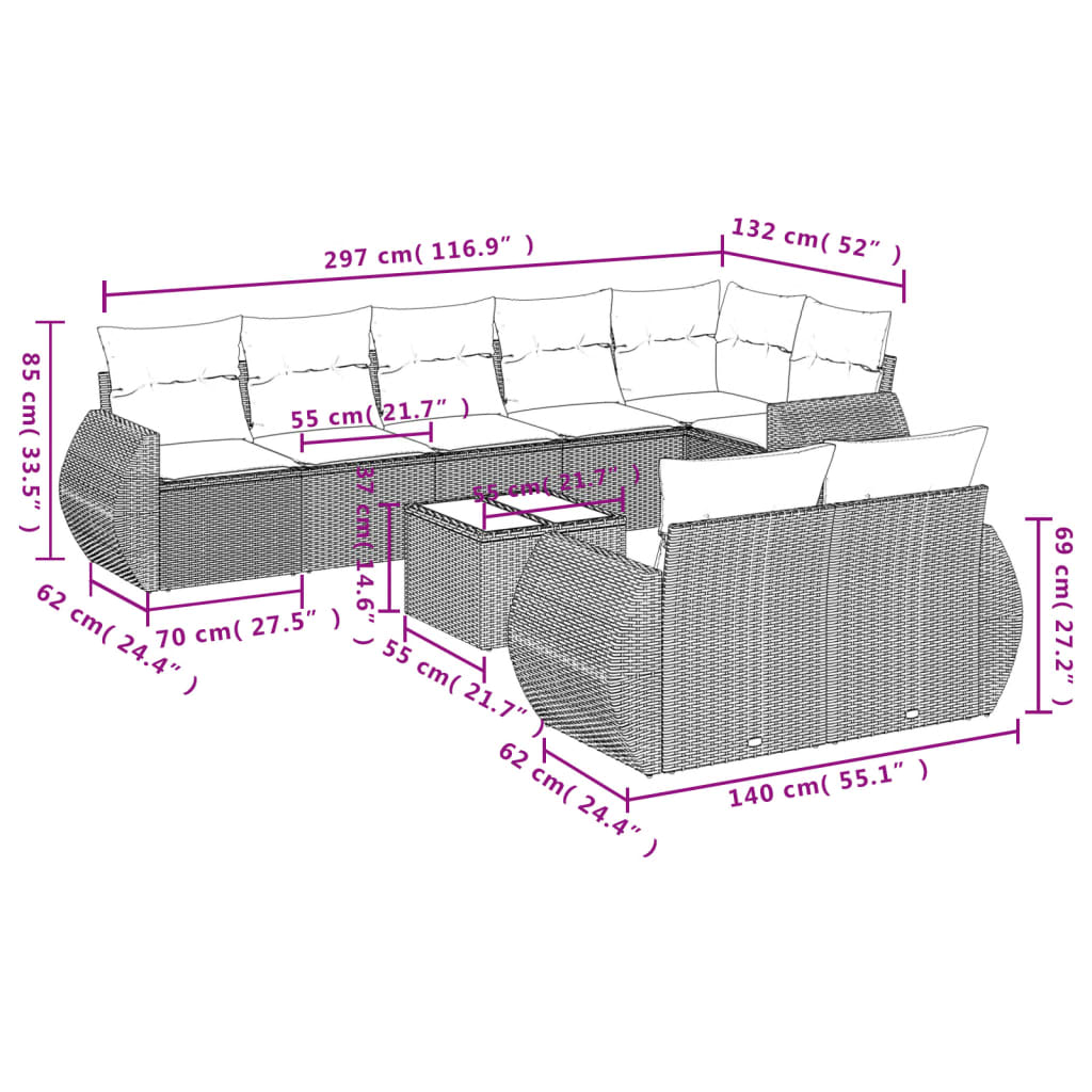 vidaXL 9-daļīgs dārza dīvānu komplekts, matrači, bēša PE rotangpalma
