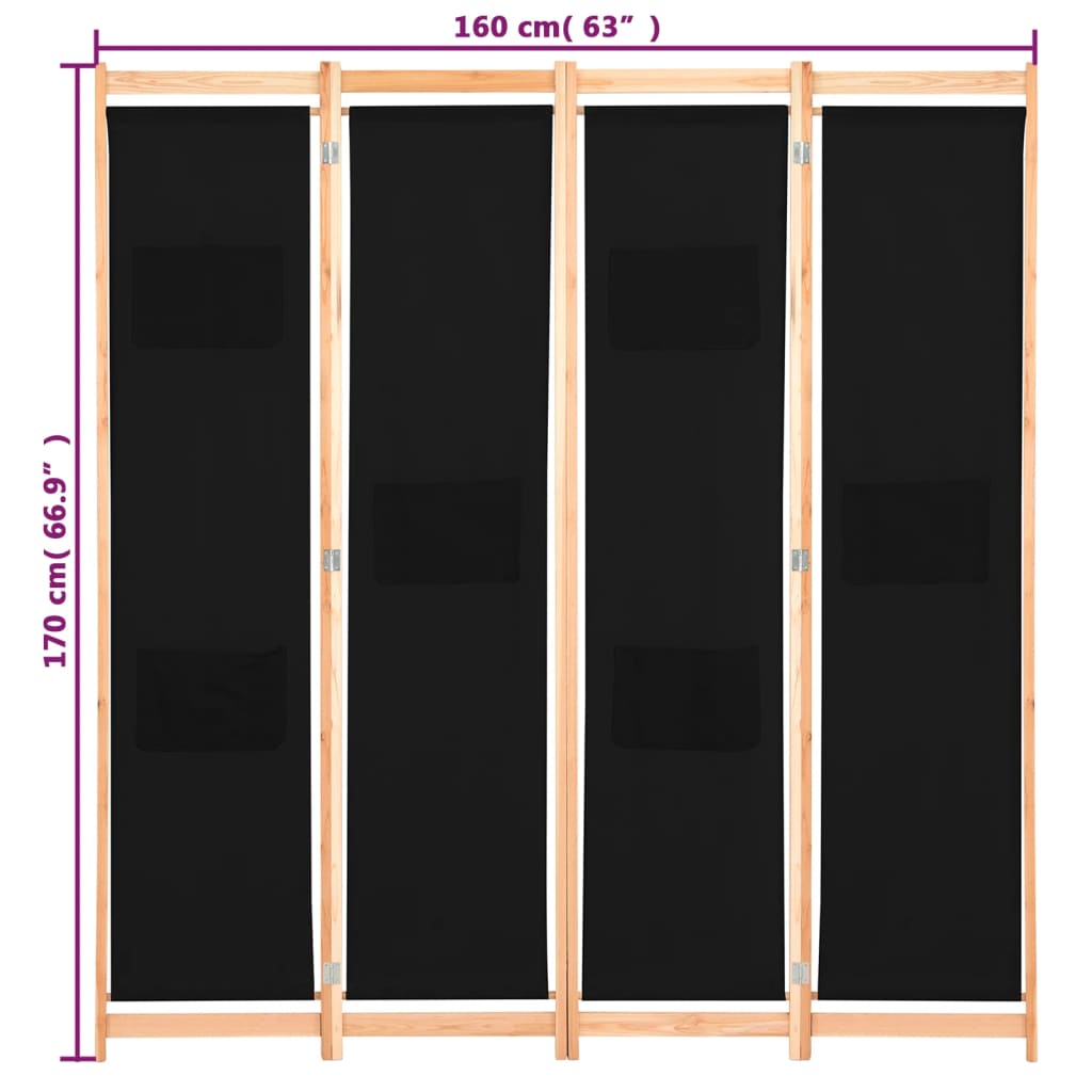 vidaXL 4-paneļu istabas aizslietnis, 160x170x4 cm, melns audums