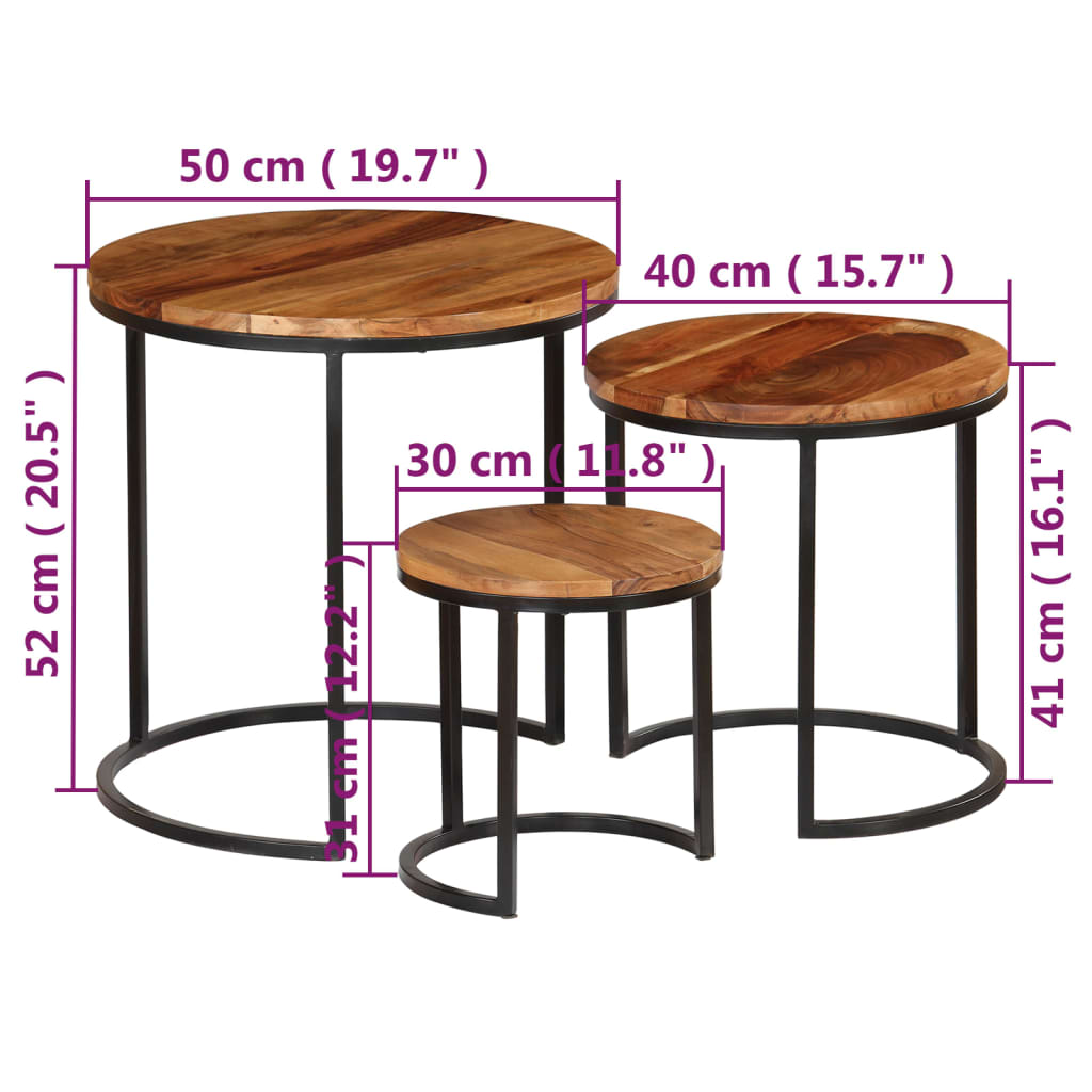 vidaXL kafijas galdiņi, 3 gab., akācijas masīvkoks, rožkoka apdare