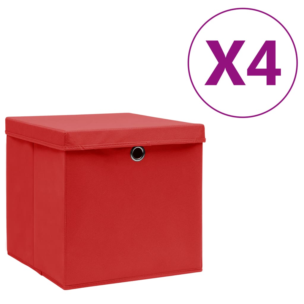 vidaXL uzglabāšanas kastes ar vāku, 4 gab., sarkanas, 28x28x28 cm