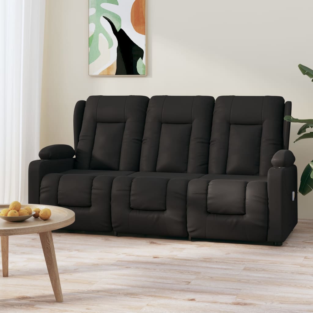 vidaXL 3-vietīgs masāžas krēsls ar glāžu turētāju, melna mākslīgā āda