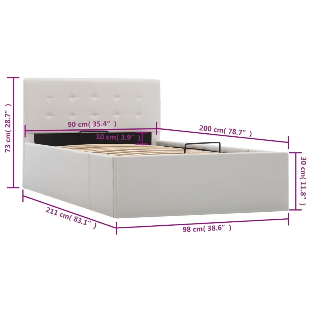 vidaXL gulta, hidraulikas mehānisms, balta mākslīgā āda, 90x200 cm