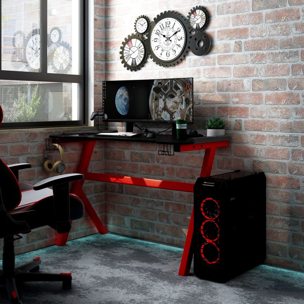 vidaXL datorspēļu galds ar LED, Y-forma, melns, sarkans, 110x60x75 cm