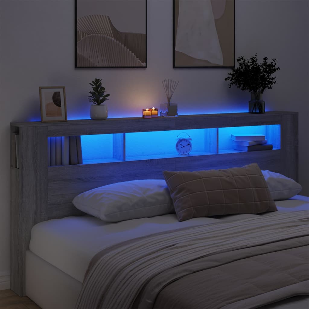 vidaXL gultas galvgalis ar LED, pelēka ozola, 220x18,5x103,5 cm, koks