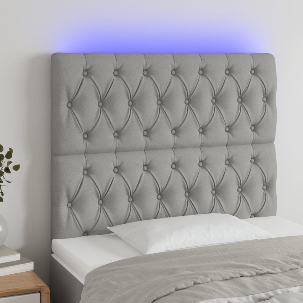 vidaXL gultas galvgalis ar LED, 90x7x118/128 cm, gaiši pelēks audums