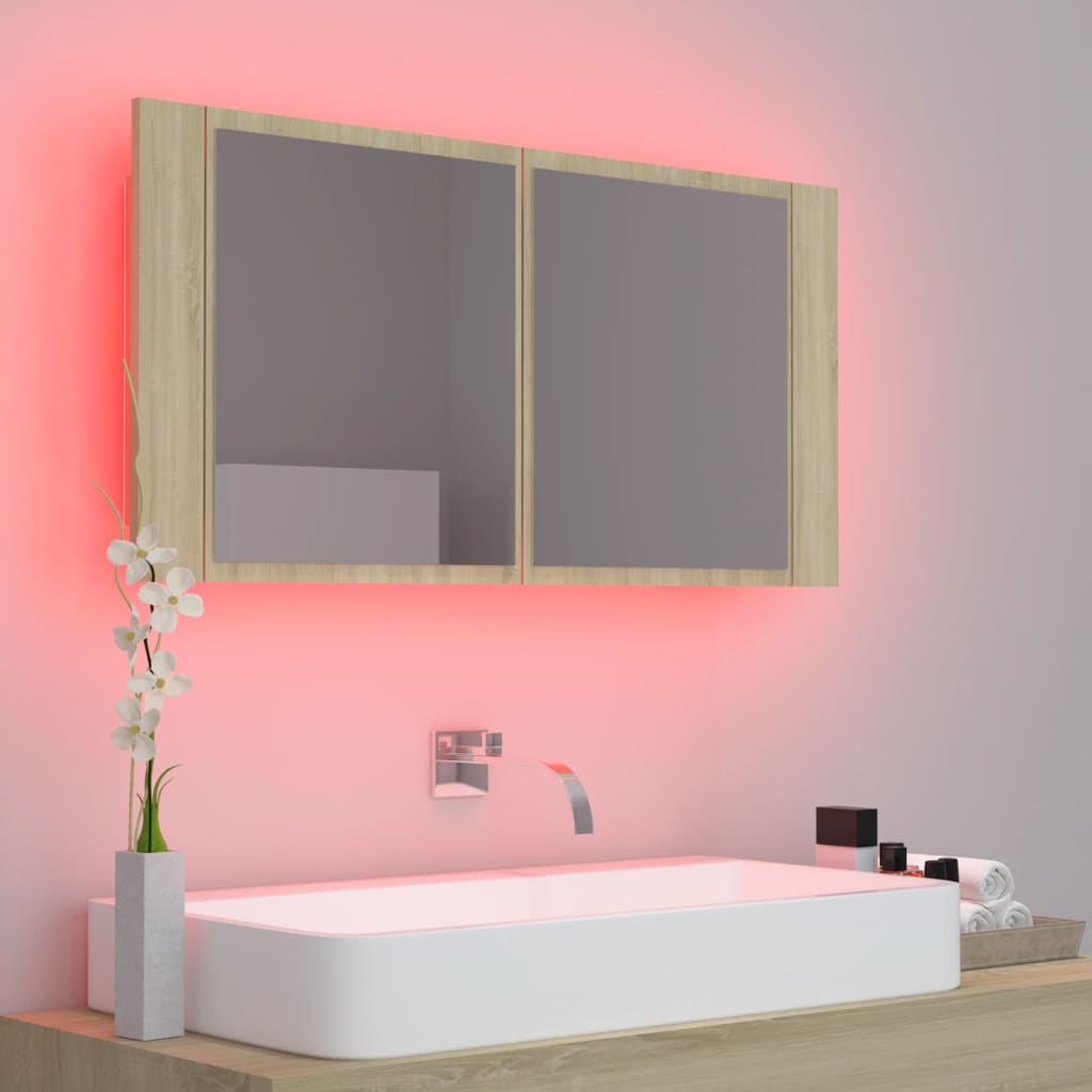 vidaXL vannasistabas spoguļskapītis ar LED, ozolkoka krāsa, akrils