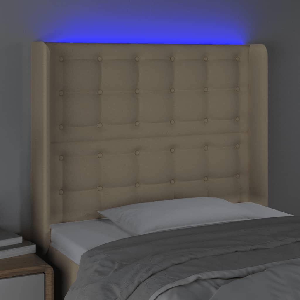 vidaXL gultas galvgalis ar LED, 83x16x118/128 cm, krēmkrāsas audums