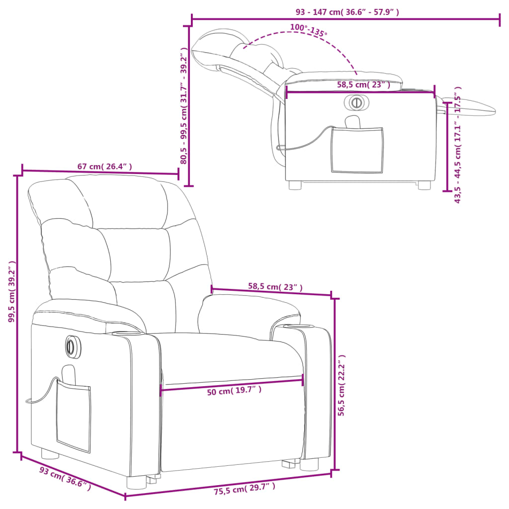 vidaXL elektrisks masāžas krēsls, paceļams, atgāžams, brūns audums