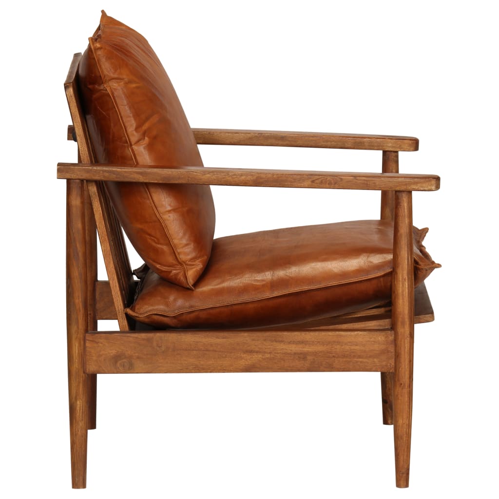 vidaXL atpūtas krēsls, brūna dabīgā āda, akācijas koks