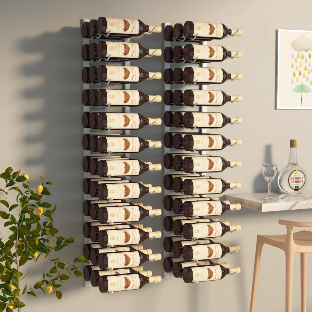 vidaXL sienas vīna pudeļu plaukti 36 pudelēm, 2 gab., balti, dzelzs
