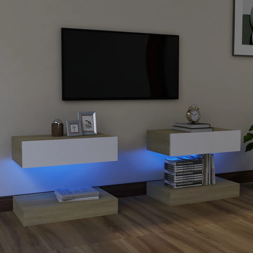 vidaXL TV plaukti ar LED lampiņām, 2 gab., 60x35 cm, balti, ozolkoka