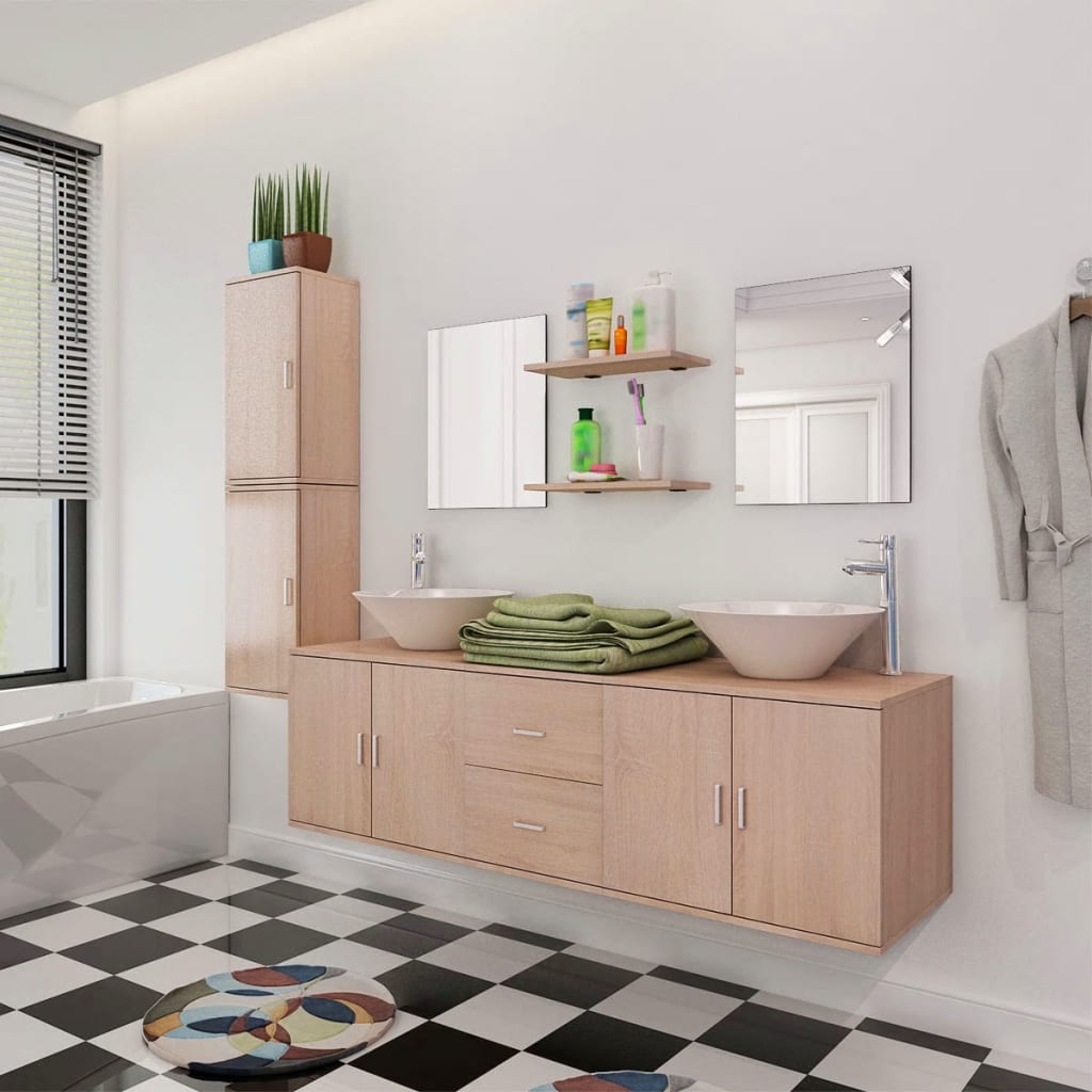 vidaXL vannas istabas mēbeles, izlietnes un krāni, 11 gab., bēšā krāsā