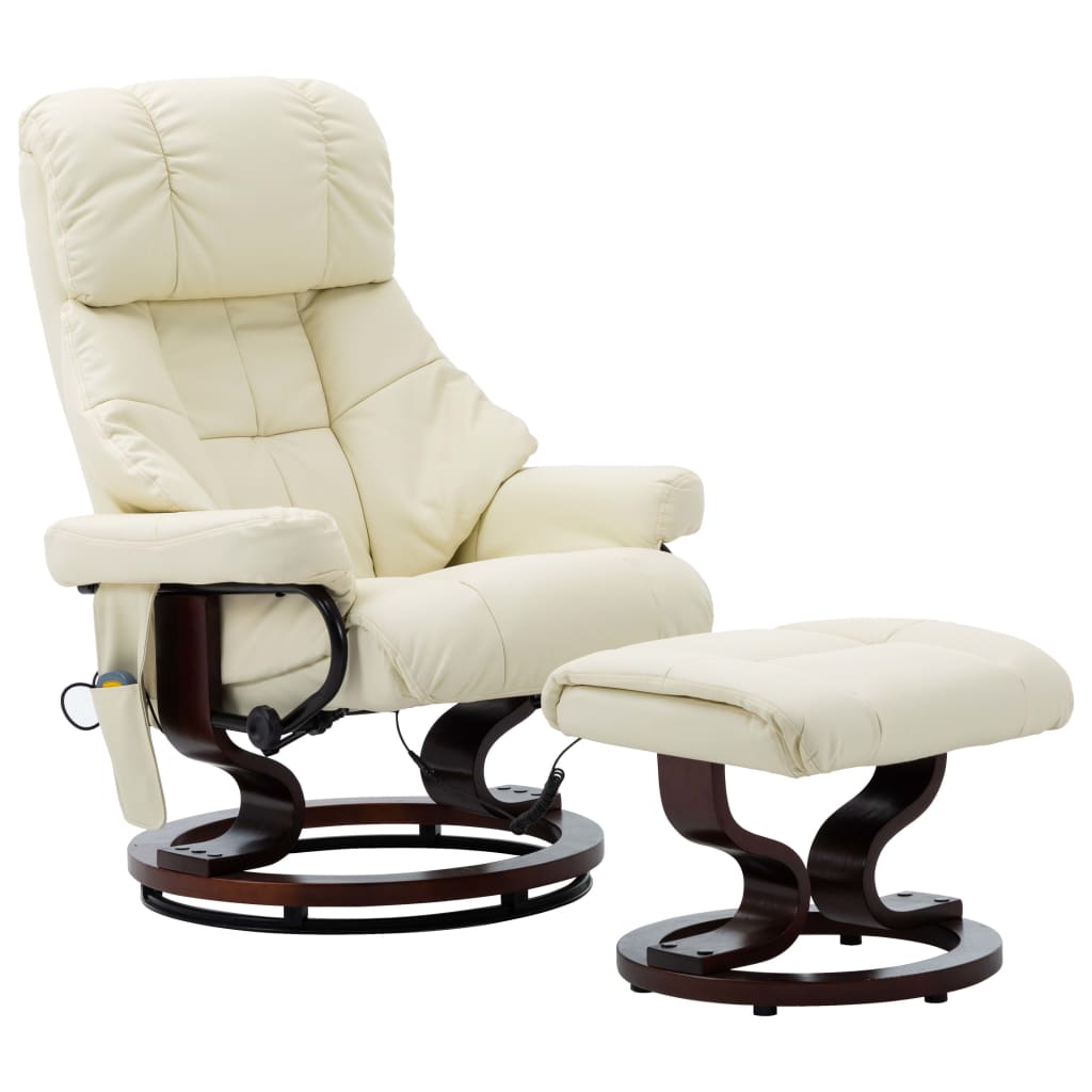vidaXL masāžas krēsls, atgāžams, krēmkrāsas mākslīgā āda, liekts koks
