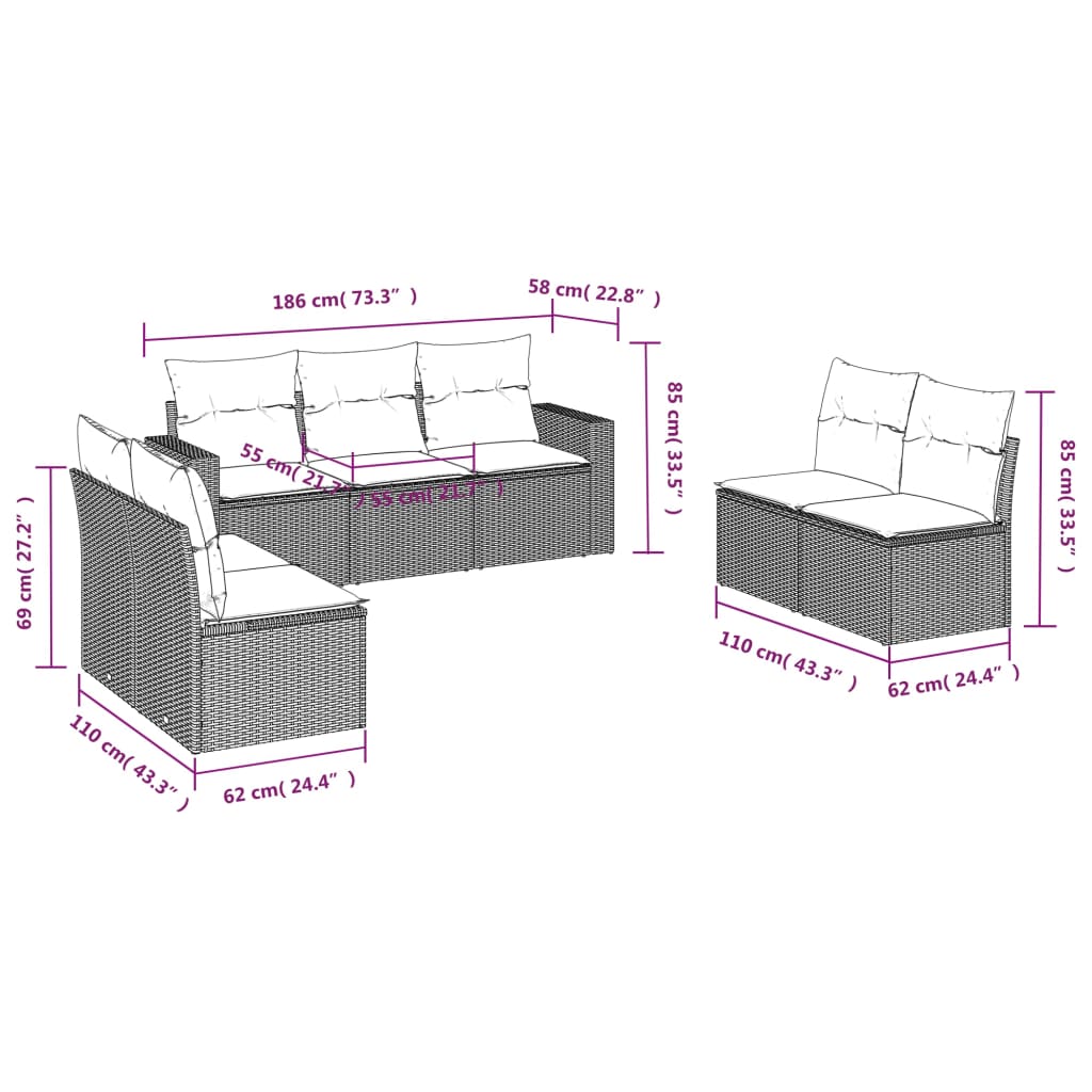 vidaXL 7-daļīgs dārza dīvānu komplekts, matrači, brūna PE rotangpalma
