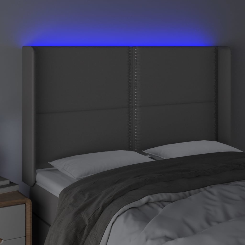 vidaXL gultas galvgalis ar LED, 147x16x118/128 cm, pelēka mākslīgā āda