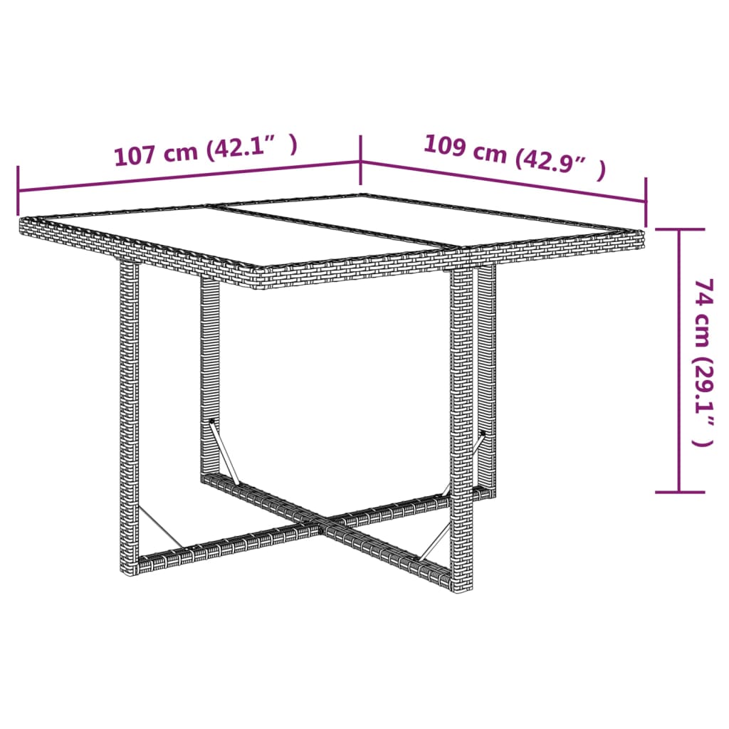 vidaXL dārza galds, brūns, 109x107x74 cm, PE rotangpalma, stikls