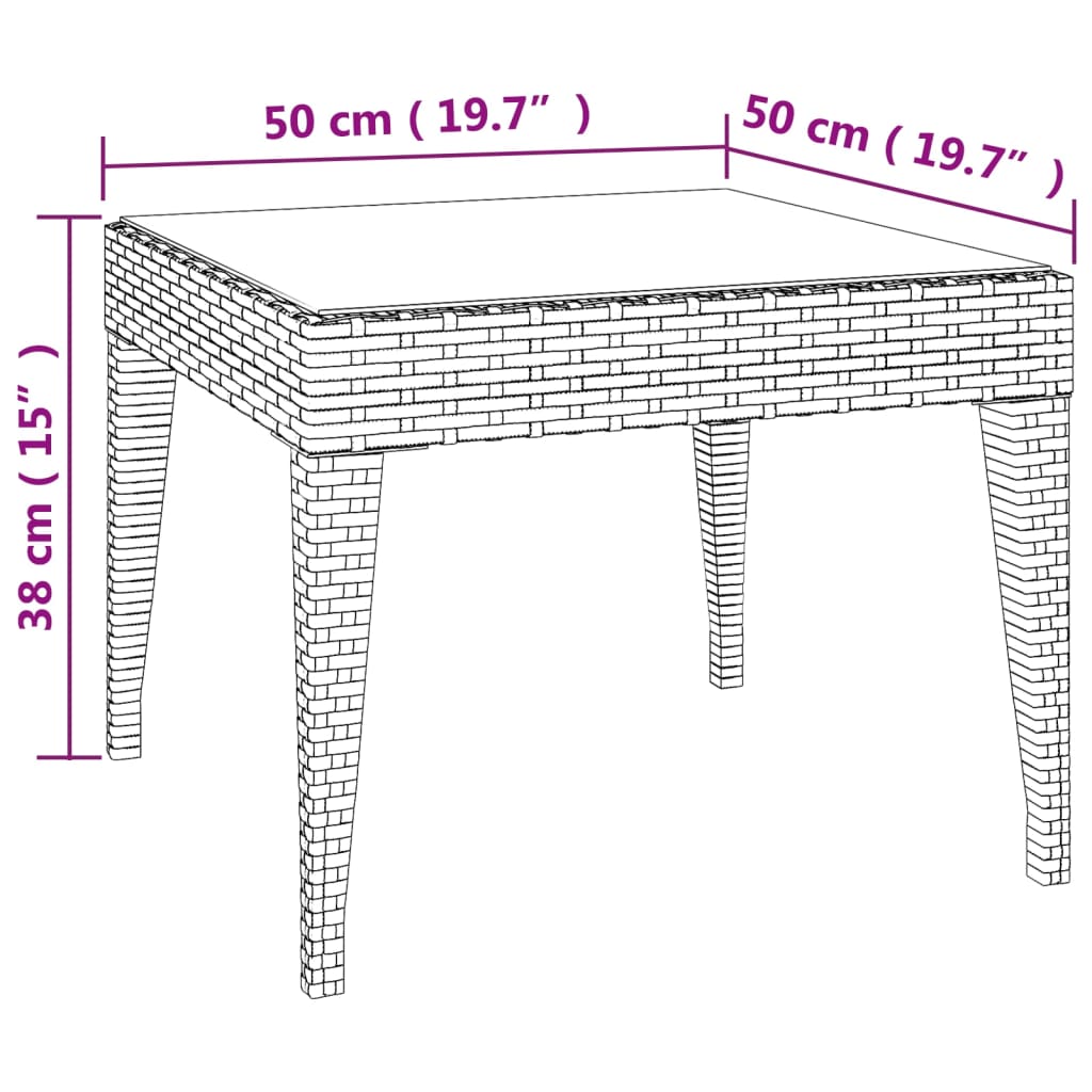vidaXL galdiņš, 50x50x38 cm, polietilēna rotangpalma, stikls, melns