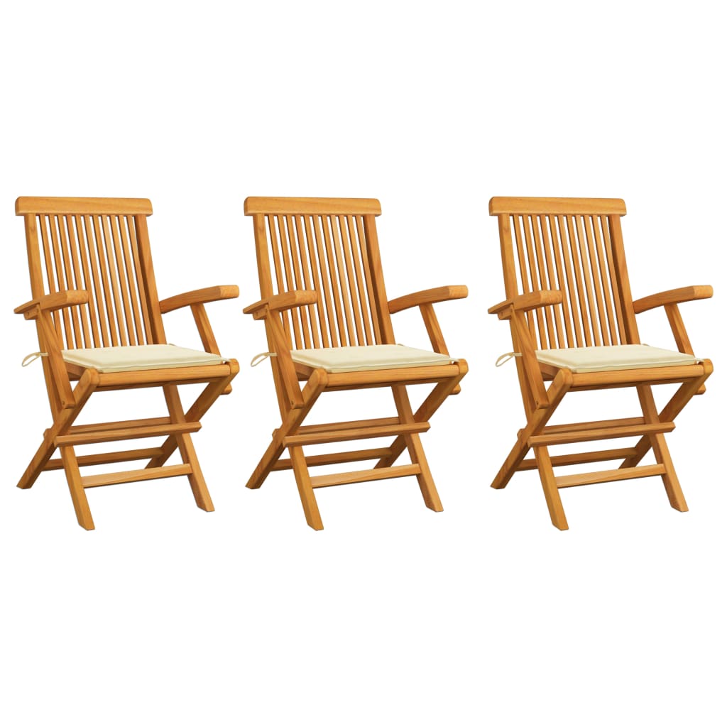 vidaXL dārza krēsli, krēmkrāsas matrači, 3 gab., masīvs tīkkoks