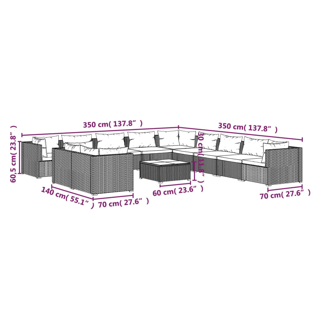 vidaXL 12-daļīgs dārza mēbeļu komplekts, matrači, melna PE rotangpalma