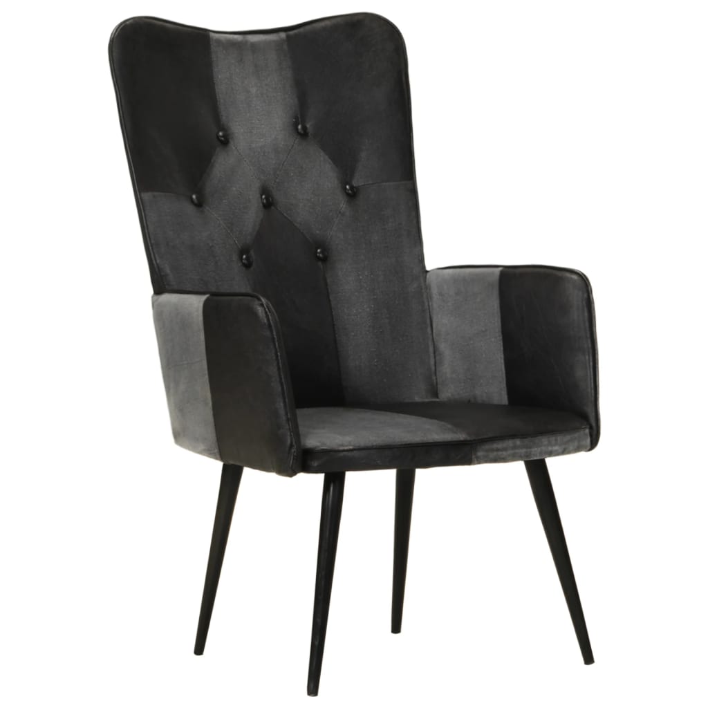 vidaXL atpūtas krēsls, melns ar pelēku, dabīgā āda