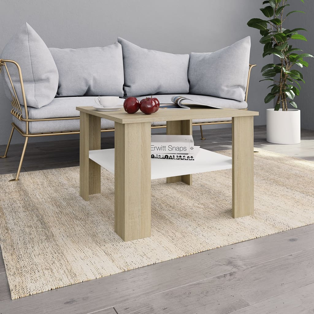vidaXL kafijas galdiņš, 60x60x42 cm, balta, ozolkoka krāsa