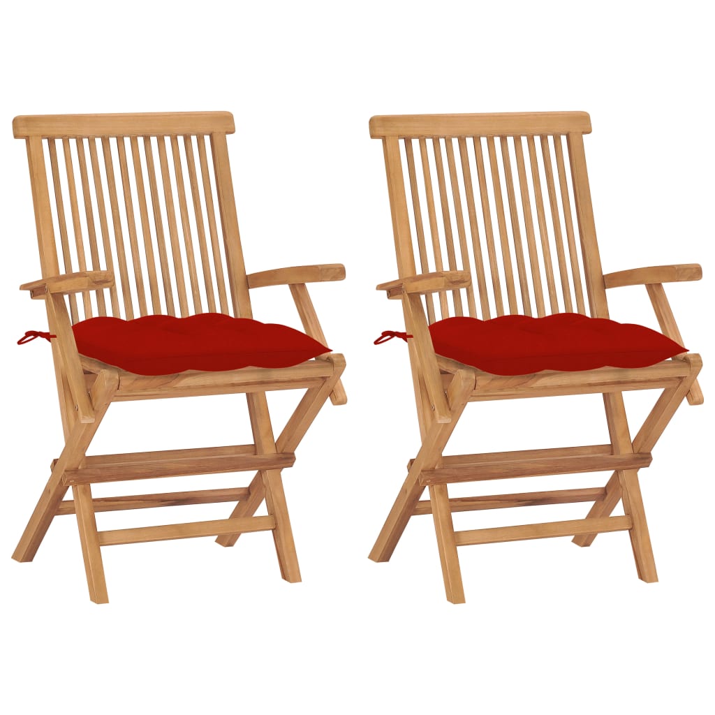 vidaXL dārza krēsli, sarkani matrači, 2 gab., masīvs tīkkoks