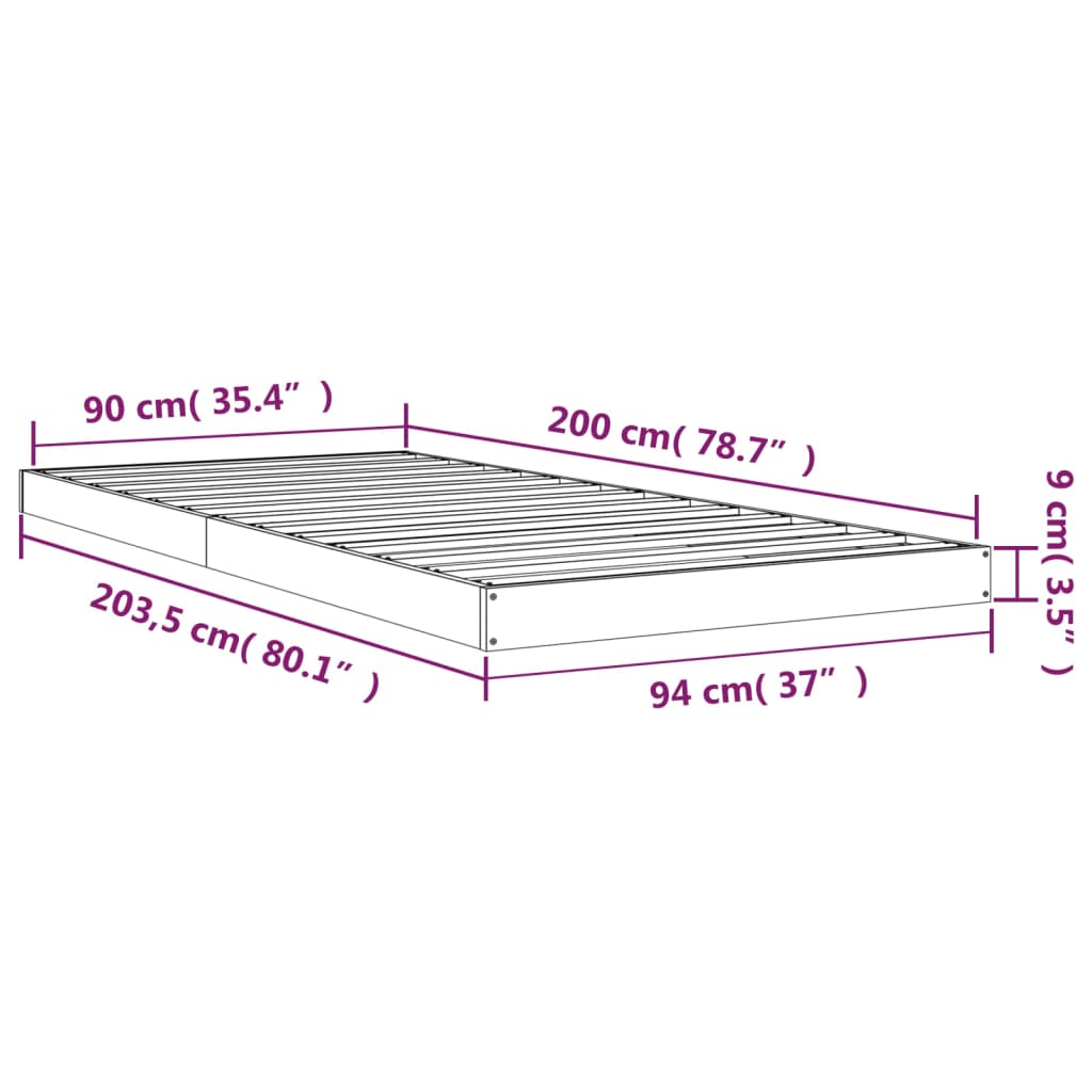vidaXL gultas rāmis, pelēks, 90x200 cm, priedes masīvkoks
