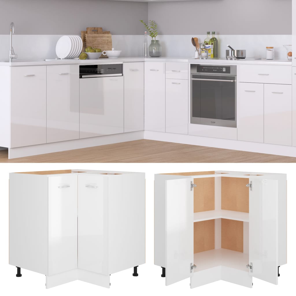 vidaXL virtuves stūra skapītis, spīdīgi balts, 75,5x75,5x81,5 cm