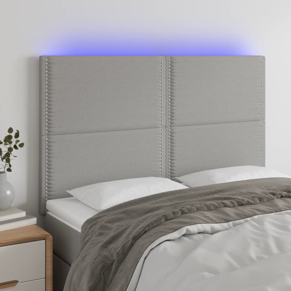 vidaXL gultas galvgalis ar LED, 144x5x118/128 cm, gaiši pelēks audums