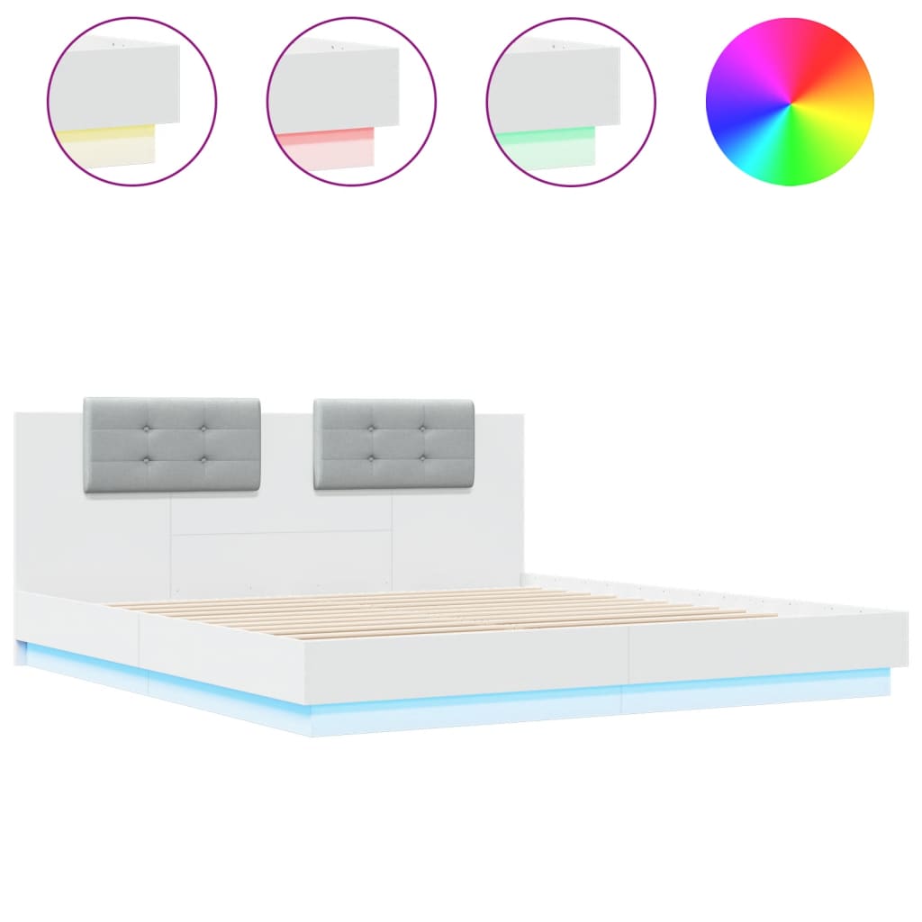 vidaXL gultas rāmis ar galvgali un LED, balts, 180x200 cm