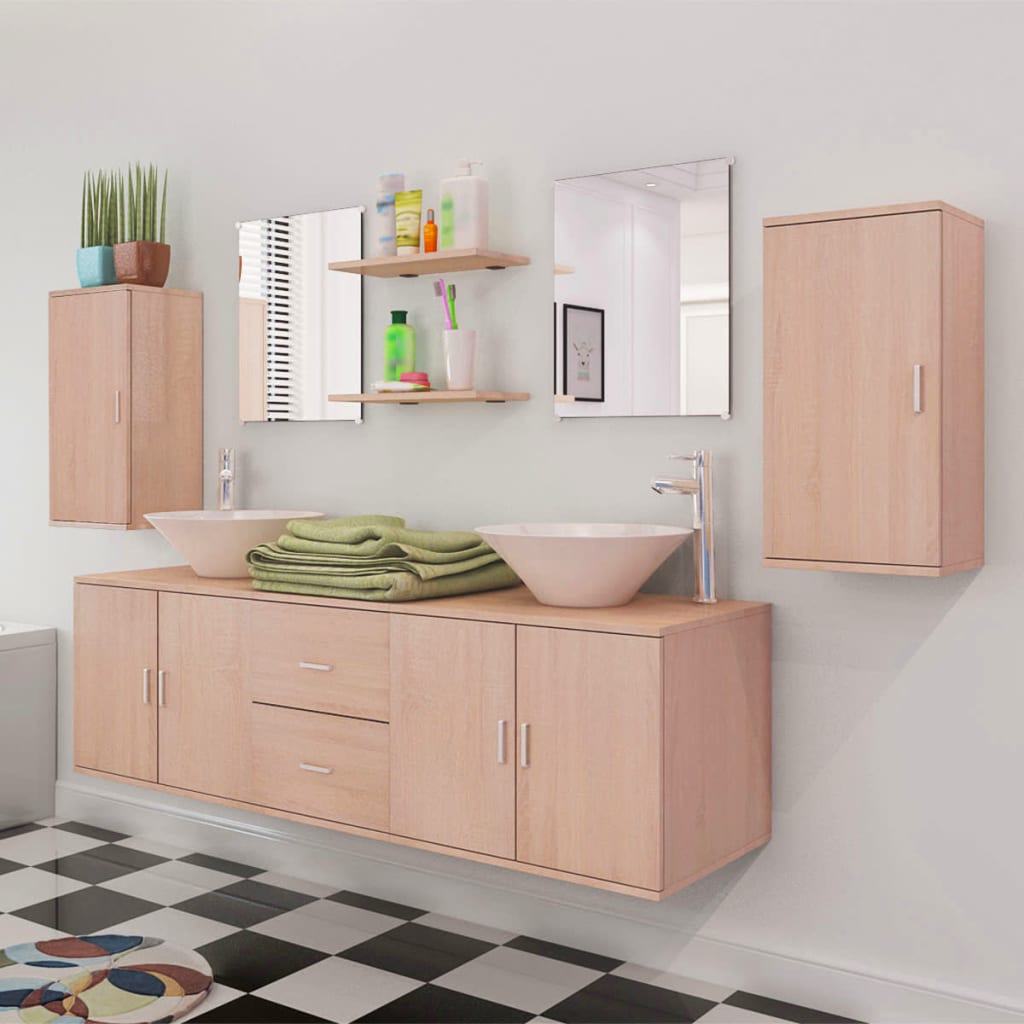 vidaXL vannas istabas mēbeles, izlietnes un krāni, 11 gab., bēšā krāsā