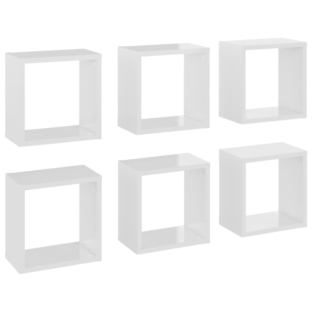 vidaXL kuba formas sienas plaukti, 6 gab., spīdīgi balti, 26x15x26 cm