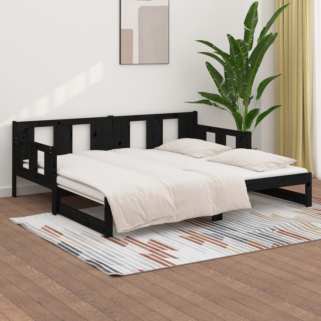 vidaXL izvelkama gulta, melna, priedes masīvkoks, 2x(90x190) cm