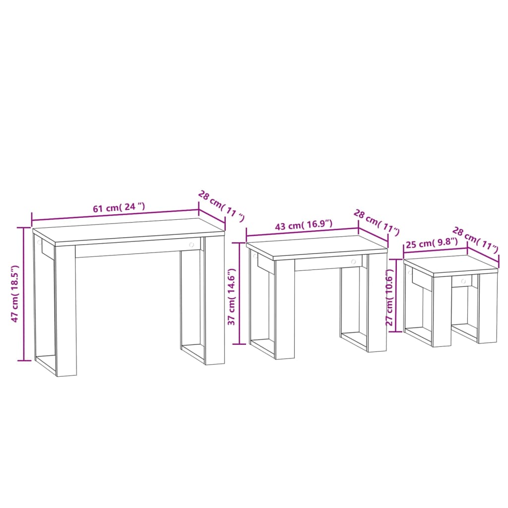 vidaXL galdiņi, 3 gab., sabīdāmi, betona pelēki, inženierijas koks