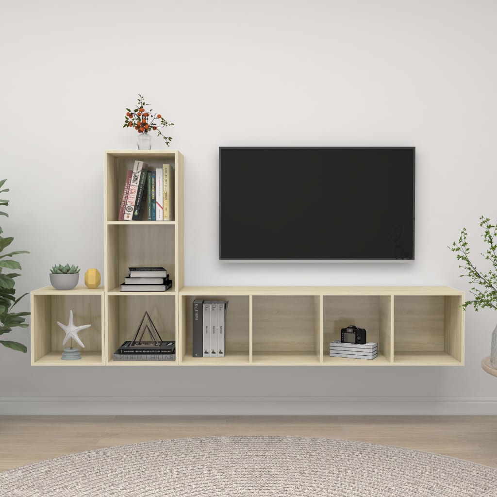 vidaXL 3-daļīgs TV plauktu komplekts, ozolkoka krāsa, skaidu plāksne