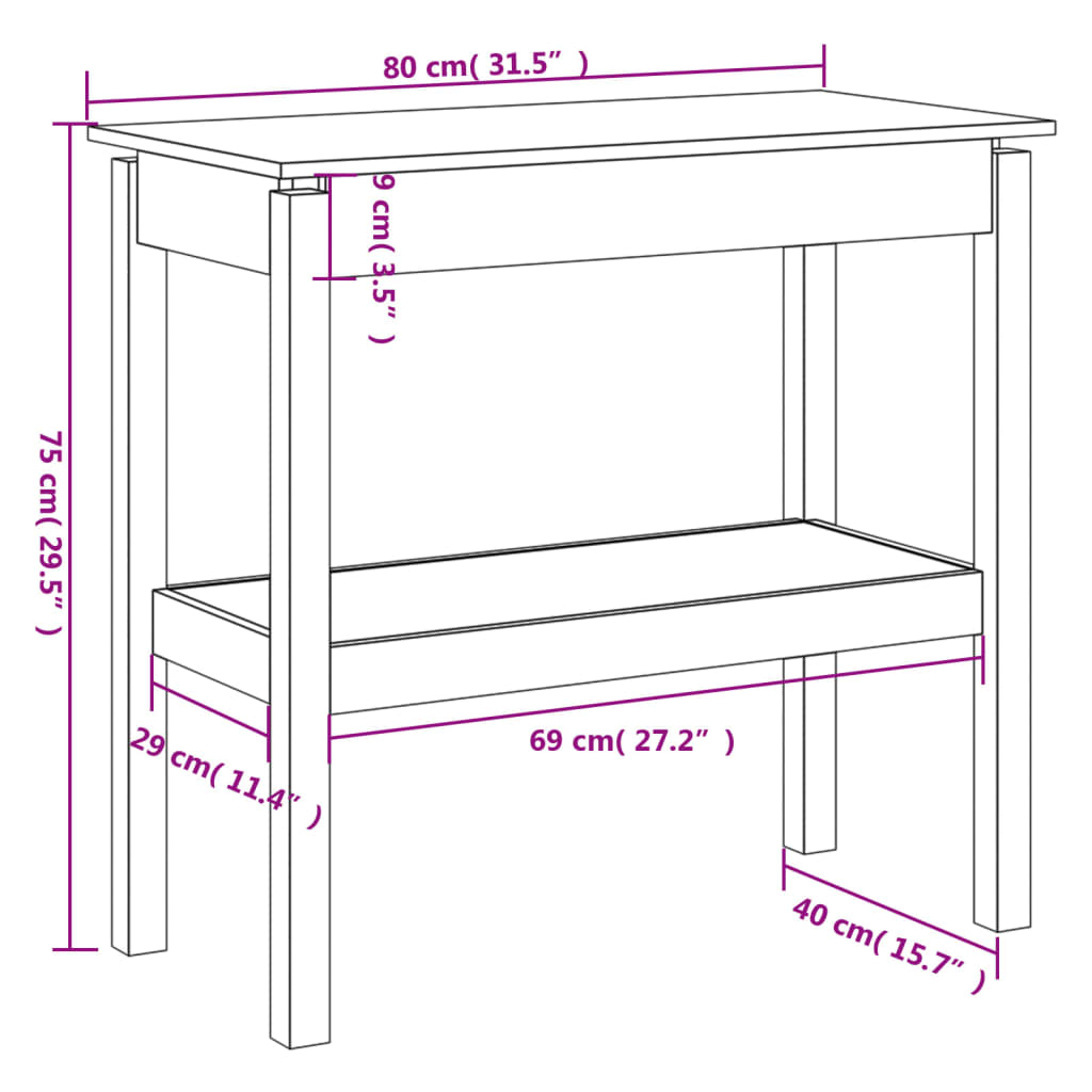 vidaXL konsoles galdiņš, balts, 80x40x75 cm, priedes masīvkoks