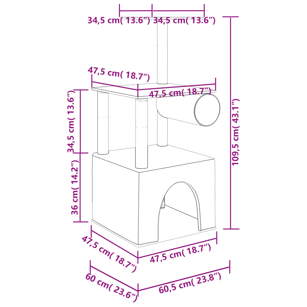 vidaXL kaķu māja ar sizala stabiem, 109,5 cm, krēmkrāsas