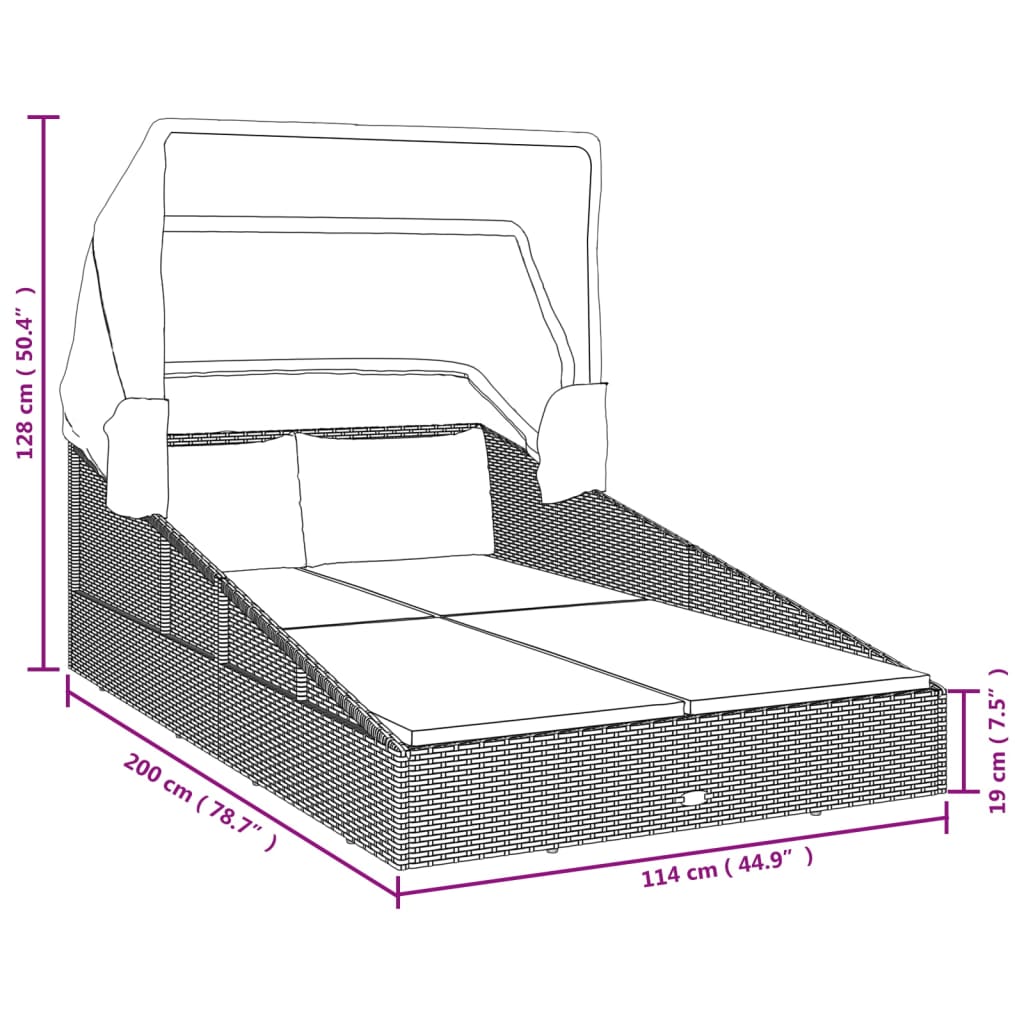 vidaXL sauļošanās gulta ar jumtu, 200x114x128 cm, PE rotangpalma