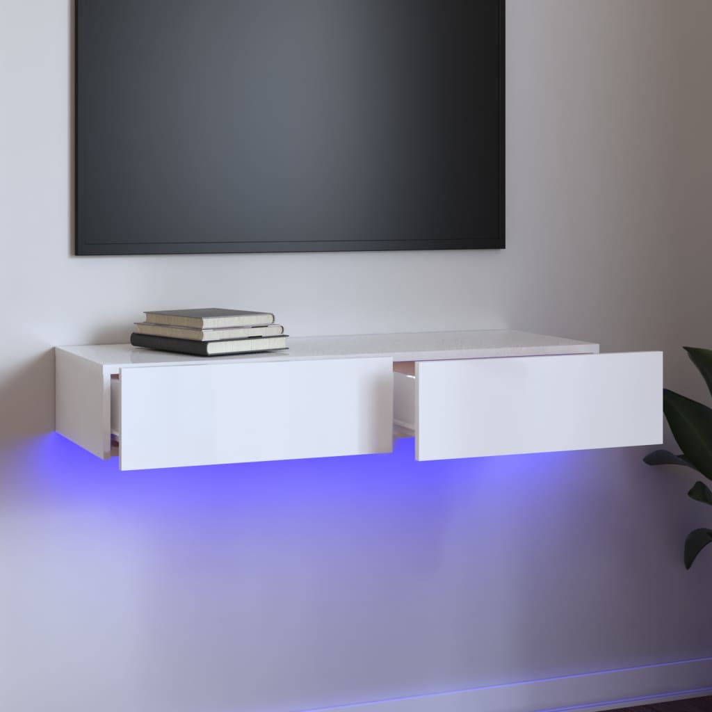 vidaXL TV skapītis ar LED apgaismojumu, spīdīgi balts, 90x35x15,5 cm