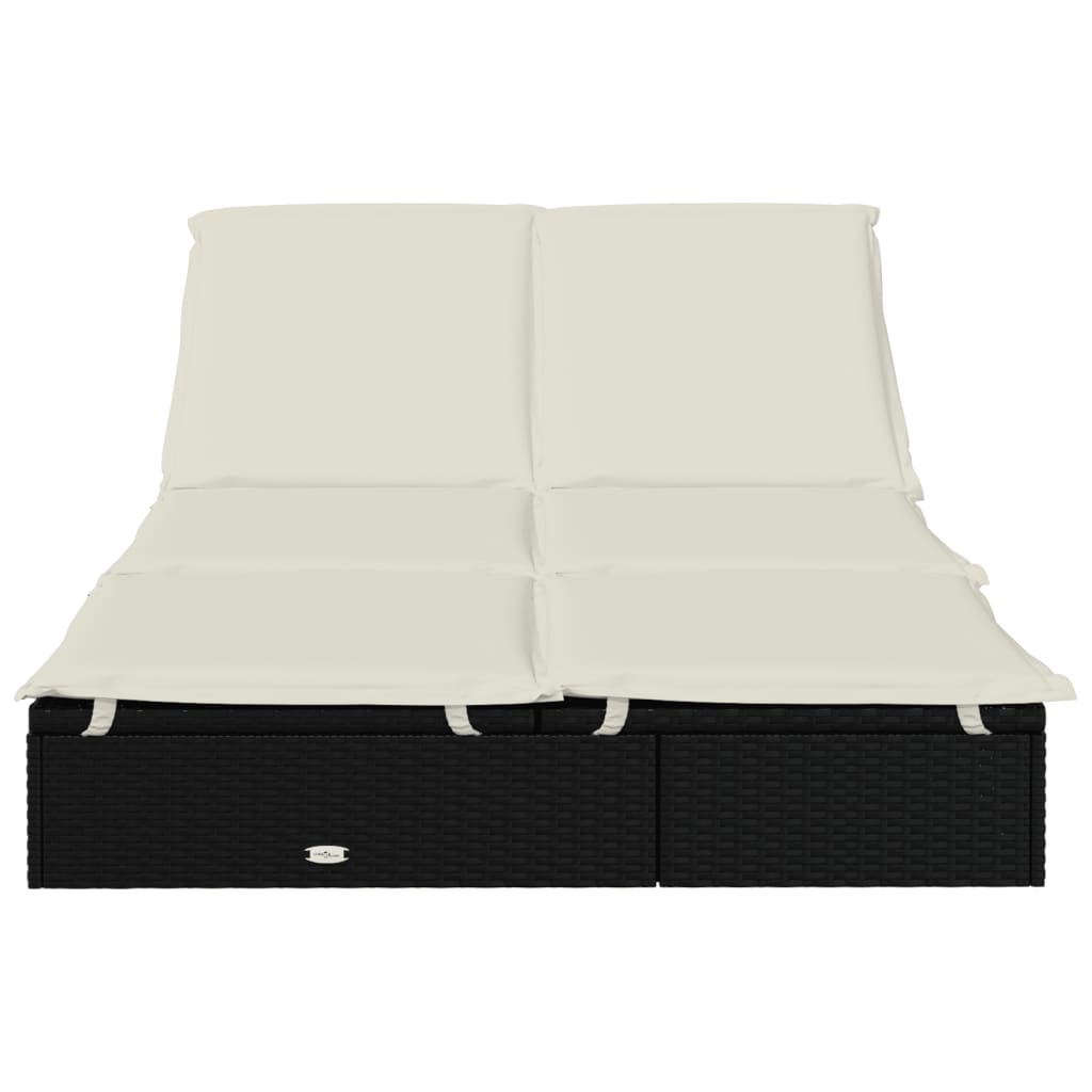 vidaXL sauļošanās gulta ar matračiem, melns PE pinums, divvietīga